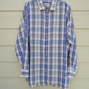 SIZE 2X. AQUA Toscano linen plaid shirt.